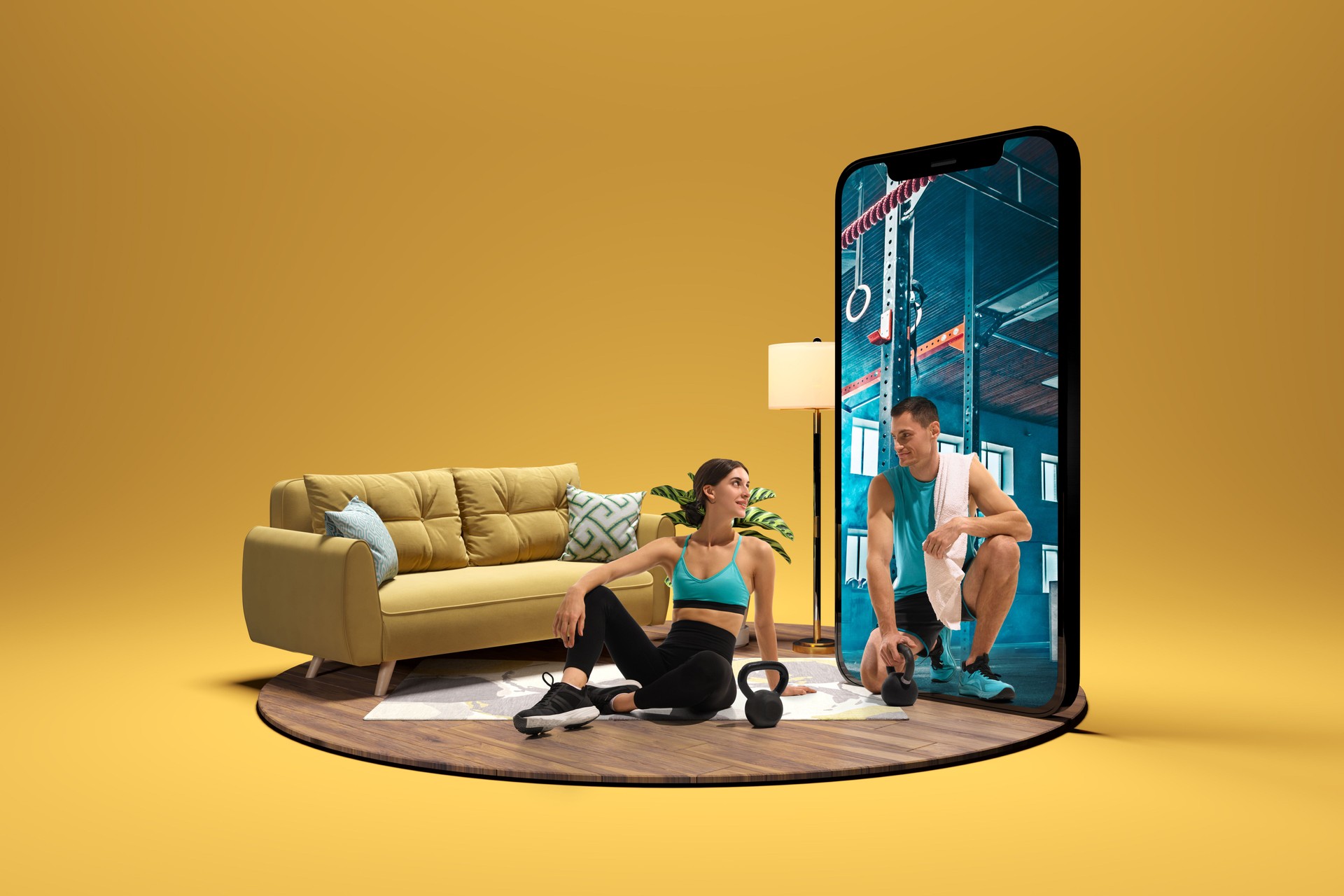 Online fitness training. Woman sitting on floor in sportswear smiling at virtual coach appearing through smartphone screen in gym. Composite image, collage
